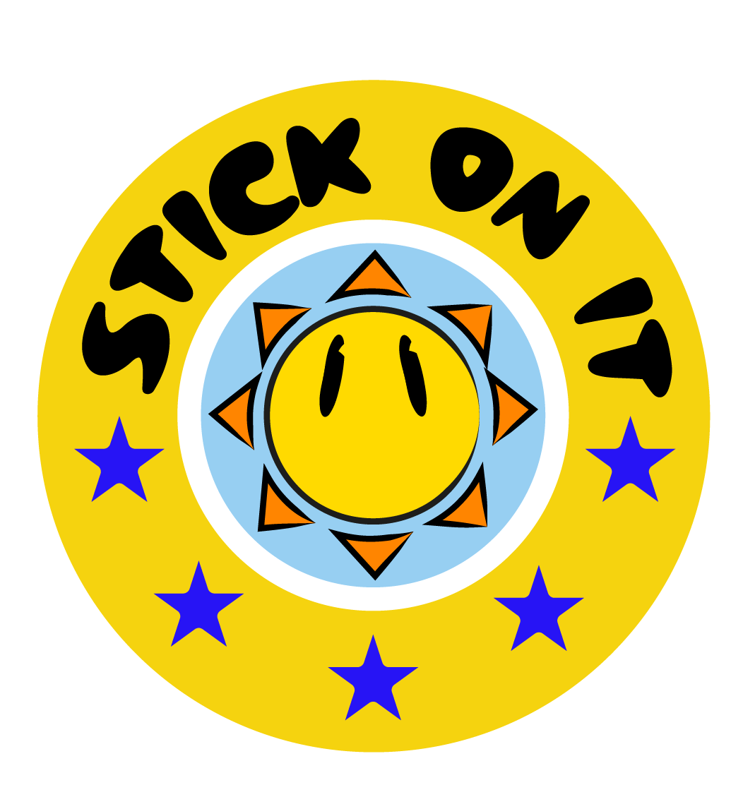 LOGO STICK ON IT ( rond avec fond jaune et soleil au milieu )